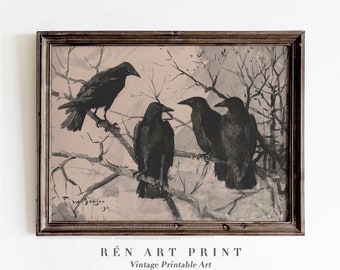 Vintage Crow Painting Print | Dark Academia Gothic Wall Art (Digital Download)