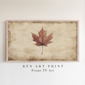 Puede incluir: Una impresi&oacute;n enmarcada de una sola hoja de arce marr&oacute;n sobre un fondo de pergamino de estilo vintage. La impresi&oacute;n se titula "R&Eacute;N ART PRINT Frame TV Art".