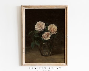 Pintura de rosa blanca / Impresión floral vintage (descarga digital)