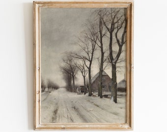 Pintura vintage de paisaje invernal / Paisaje nevado campestre (Descarga digital)
