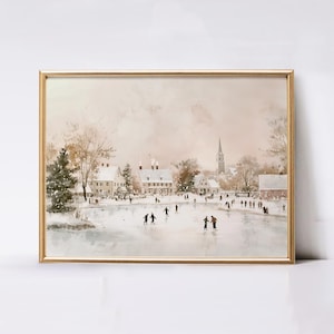 May include: A watercolour painting depicting a winter scene with a frozen lake in the foreground. People are ice skating on the lake. In the background, there are snow-covered houses and a church steeple.