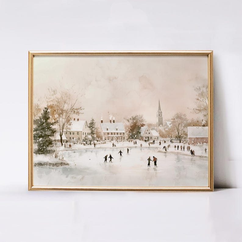 May include: A watercolour painting depicting a winter scene with a frozen lake in the foreground. People are ice skating on the lake. In the background, there are snow-covered houses and a church steeple.