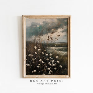 Autumn Wildflower Painting | Moody Fall Landscape Printable | Vintage Rustic Wall Art | Digital Download | Dark Cottage Autumn Wall Decor