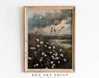 Pintura de paisaje de flores silvestres otoñales / Arte mural vintage melancólico (Descarga digital)
