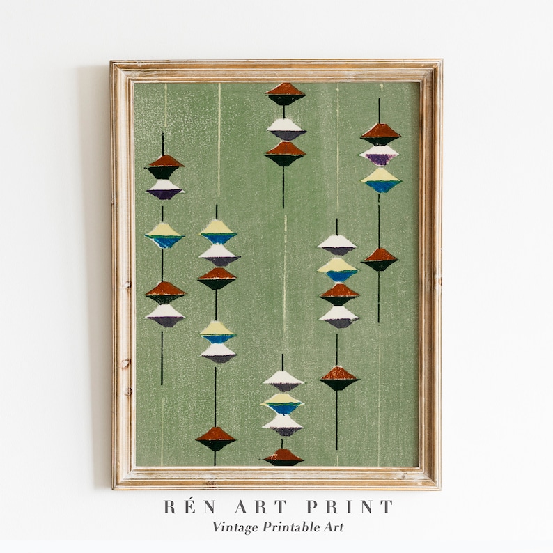 Puede incluir: Una impresi&oacute;n enmarcada con un dise&ntilde;o geom&eacute;trico de formas coloridas que se superponen sobre un fondo verde. La impresi&oacute;n se titula "R&Eacute;N ART PRINT Vintage Printable Art".