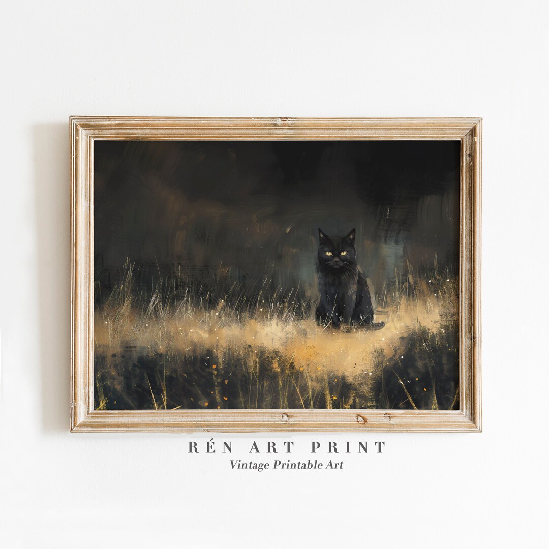 Vintage Black Cat Halloween Art Print | Dark Academia Wall Decor ...