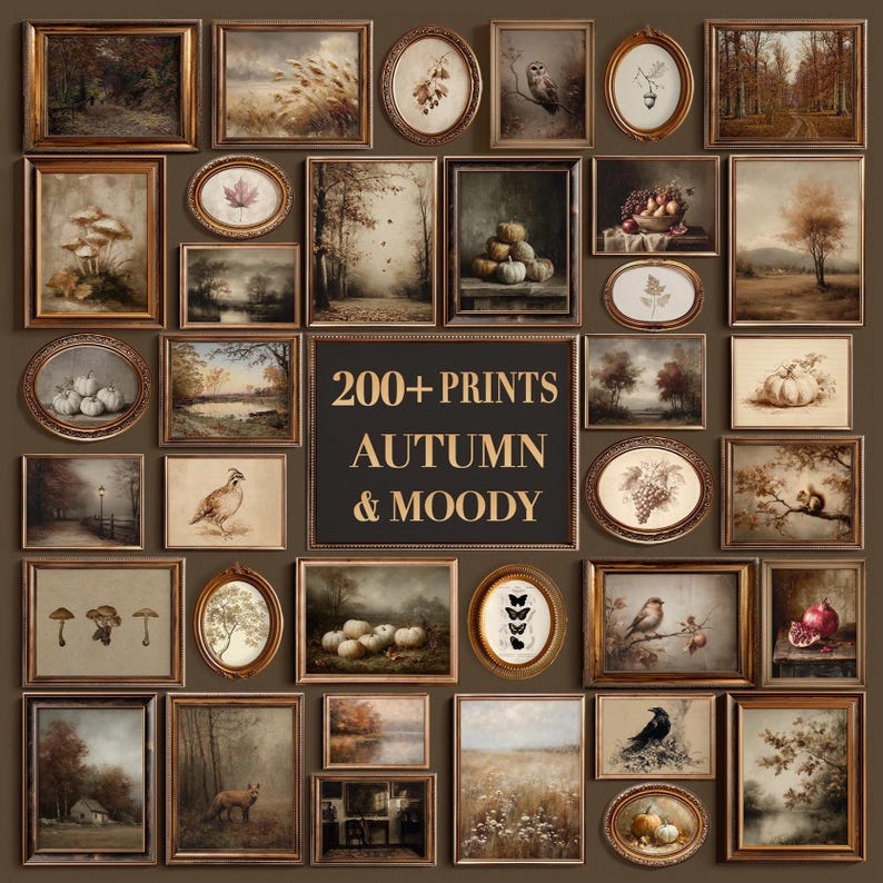 May include: A collection of framed wall art prints featuring autumn and moody landscapes, botanical illustrations, and wildlife. The central text reads 200+ PRINTS AUTUMN & MOODY, with REN ART PRINT at the bottom. The frames are various shapes and sizes.