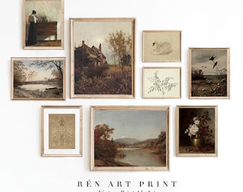May include: A collection of vintage printable art prints in various styles, including landscapes, still lifes, and botanical illustrations. The prints are framed in a light wood frame and arranged in a gallery wall display.
