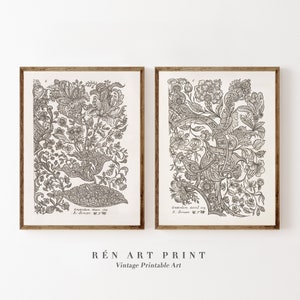 Vintage Textile Wall Art Set of 2 Prints | Neutral Antique Floral Sketch Pattern Digital Download | Modern Farmhouse Decor | Printable Art