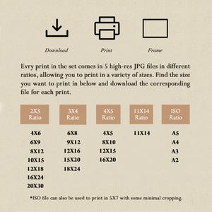 May include: An informational graphic displaying three black icons for download, print, and frame. It lists five aspect ratios: 2x3, 3x4, 4x5, 11x14, and ISO, with corresponding print sizes in inches and standard ISO paper formats like A5, A4, A3, and A2.
