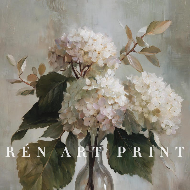 May include: A still-life painting of white hydrangea flowers in a clear glass vase. The flowers have a soft, textured appearance with green leaves and stems. The background is a muted, neutral color. The text "REN ART PRINT" is at the bottom.