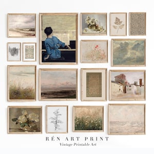 May include: A gallery wall of 14 framed vintage art prints in various styles, including landscapes, still lifes, and figurative art. The prints are all in muted tones and feature a variety of subjects, such as flowers, clouds, and a woman playing the piano. The text "R&Eacute;N ART PRINT Vintage Printable Art" is at the bottom of the image.