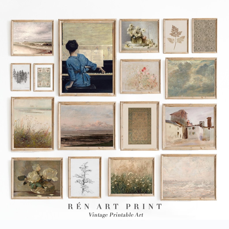 May include: A gallery wall of 14 framed vintage art prints in various styles, including landscapes, still lifes, and figurative art. The prints are all in muted tones and feature a variety of subjects, such as flowers, clouds, and a woman playing the piano. The text "R&Eacute;N ART PRINT Vintage Printable Art" is at the bottom of the image.