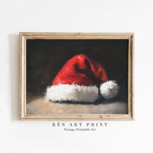 Santa Hat Printable Wall Art | Vintage Christmas Print | Rustic Dark Holiday Wall Decor | Santa Claus Hat Painting Seasonal Winter Wall Art