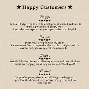 May include: A collection of customer reviews for a business that sells prints. The reviews are all positive and highlight the quality of the prints, the seller's helpfulness, and the overall positive experience.