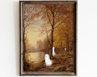 May include: A framed vintage art print featuring a serene autumn landscape with a lake and trees in shades of yellow and brown. Three white ghost figures are subtly placed in the scene. The text "RÉN ART PRINT Vintage Printable Art" is at the bottom.