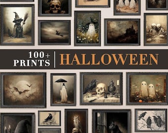 May include: A collection of framed wall art prints featuring Halloween themes including ghosts, skulls, ravens, witches, black cats, bats, and haunted landscapes. The display includes the text 100+ PRINTS HALLOWEEN in a bold, centered font.