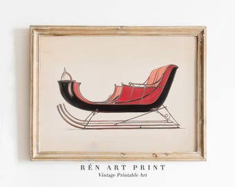 May include: A vintage print of a sleigh, featuring a black body with red seating and accents. The sleigh is set against a cream background and framed in a gold-toned wooden frame. The text "RÉn Art Print" and "Vintage Printable Art" is at the bottom.