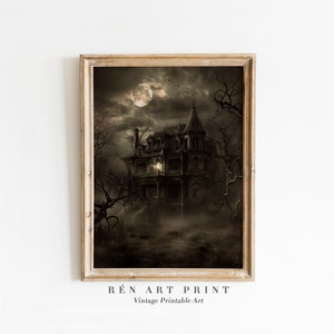 Haunted House Halloween Wall Art | Vintage Scary House Print | Dark Landscape Painting | Printable Halloween Art | Gothic Dark Wall Art