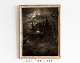 May include: Framed vintage art print of a spooky, gothic mansion under a full moon. The artwork is in sepia tones, with bare trees and a dark, cloudy sky. The text "RÉn ART PRINT Vintage Printable Art" is at the bottom.