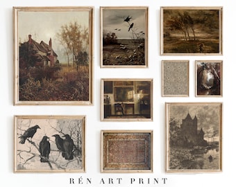 May include: A collection of vintage printable art prints in various styles, including a landscape with a house, a scene with crows, a still life, and a cityscape. The prints are all framed in a simple wooden frame.