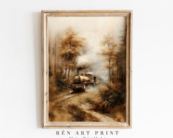 Puede incluir: Impresión artística vintage en tonos sepia de un tren de vapor en un bosque. La imagen muestra un tren sobre vías, rodeado de árboles, con humo saliendo de la locomotora. La impresión está enmarcada en un marco de madera marrón claro. El texto en la parte inferior dice "RÉn Art Print" y "Vintage Printable Art."
