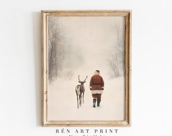Vintage Santa and Reindeer Print: Rustic Winter Decor (Digital Download)