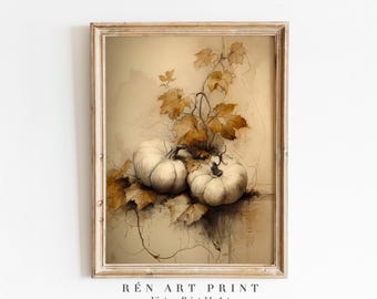 May include: A framed vintage art print featuring two white pumpkins with brown leaves and vines. The artwork has a sepia tone and the text "RÉN ART PRINT Vintage Printable Art" is at the bottom.