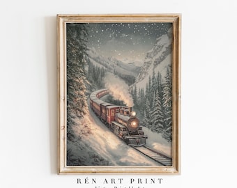 May include: A vintage illustration of a red train traveling through a snowy mountain pass at night. The train is lit up with warm lights and the sky is filled with stars.