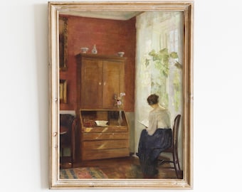 Dipinto vintage raffigurante una donna che legge / Arte murale antica stampabile (download digitale)