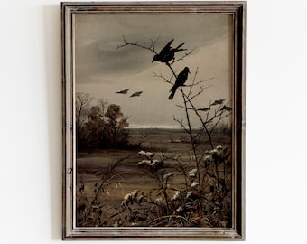 Pintura de paisagem com pássaros escuros | Arte Cottagecore antiga (Impressão digital)