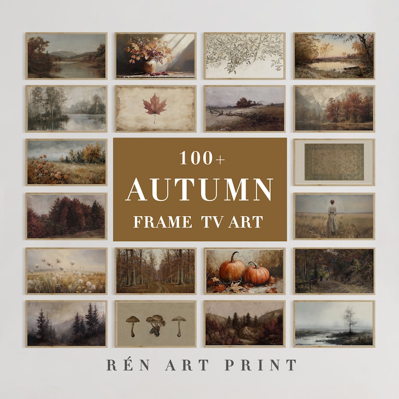 Puede incluir: Un collage de 18 estampas enmarcadas con tem&aacute;tica oto&ntilde;al. Las estampas presentan diversas escenas de la naturaleza, incluyendo &aacute;rboles, hojas, calabazas, setas y paisajes. El texto "100+ AUTUMN FRAME TV ART" se muestra en el centro del collage. El texto "R&Eacute;N ART PRINT" se muestra en la parte inferior del collage.