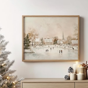 May include: A watercolour painting depicting a winter scene with a frozen lake and people ice skating. The scene is set in a small town with houses and a church in the background. The sky is a soft pink and blue.
