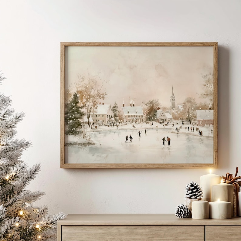 May include: A watercolour painting depicting a winter scene with a frozen lake and people ice skating. The scene is set in a small town with houses and a church in the background. The sky is a soft pink and blue.