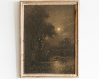 Vintage Night Landscape Painting | Moody Printable Wall Art (Digital Download)