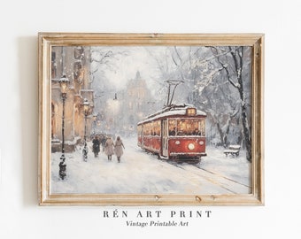 Vintage Winter Cityscape Painting | Red Tram, Snowy Scene (Digital Download)