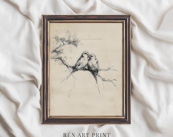 Love Birds Printable | Neutral Valentine Wall Art | Romantic Birds in Love Digital Download | Spring Birds Sketch Print | Nursery Wall Art