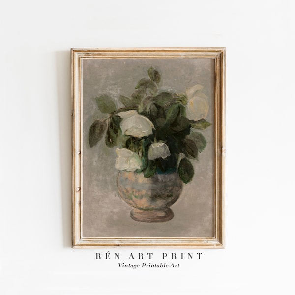 White Rose Printable Wall Art | Vintage Oil Painting | Antique Neutral Flower Print | Farmhouse Decor | Floral Art Print | Digital Download