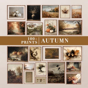 May include: A collection of framed art prints with an autumn theme. The prints feature various fall scenes, including pumpkins, landscapes, and still life arrangements. The text "100+ PRINTS AUTUMN" is displayed in the center.