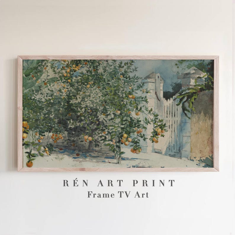 May include: A framed art print featuring a watercolor painting of an orange tree with ripe fruit. A white picket fence and stone structure are in the background. The text "R&Eacute;N ART PRINT Frame TV Art" is at the bottom.