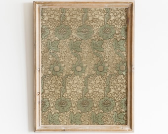 May include: A framed print of a vintage floral pattern in shades of green and brown. The print features a repeating design of stylized flowers and leaves. The frame is a light wood color. The text "RÉN ART PRINT Vintage Printable Art" is below the frame.