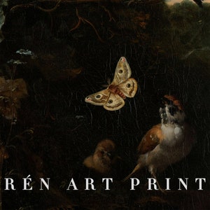 May include: A vintage art print featuring a dark background with a brown butterfly, a bird, and a small bird in the lower right corner. The print has the text "R&Eacute;N ART PRINT" at the bottom.