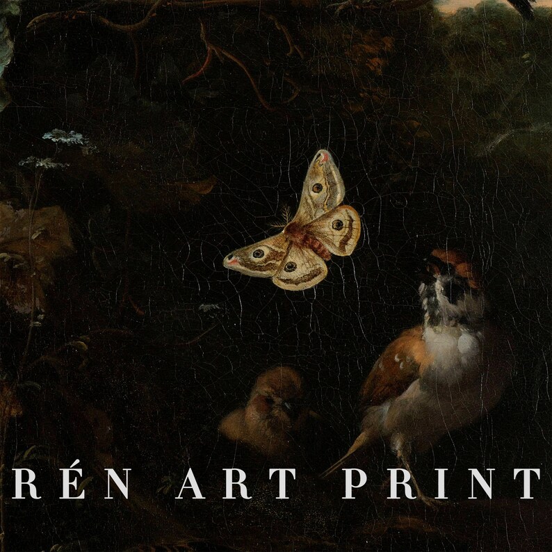 May include: A vintage art print featuring a dark background with a brown butterfly, a bird, and a small bird in the lower right corner. The print has the text "R&Eacute;N ART PRINT" at the bottom.