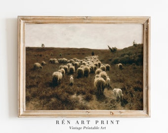 Vintage Sheep Painting Print | Farmhouse Summer Landscape (Digital Download)