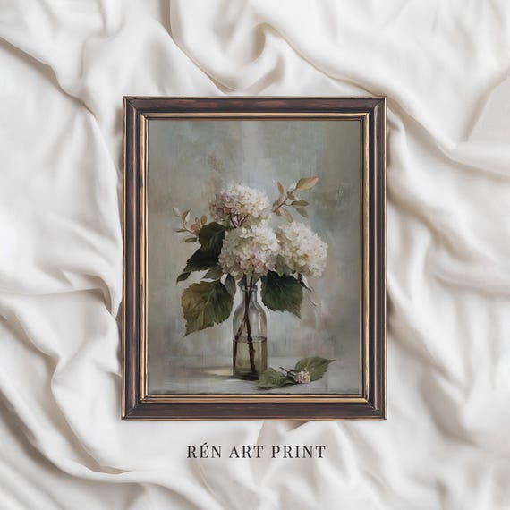 Vintage Hydrangea Wall Art | Neutral Spring Floral Painting | French Country Print (Digital Download)
