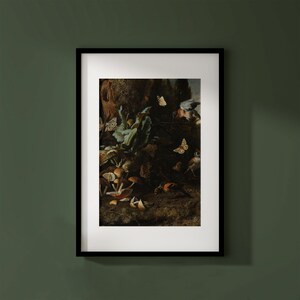 May include: A painting of a forest scene with a variety of mushrooms, butterflies, and birds. The mushrooms are brown and white, and the butterflies are white and orange. The birds are brown and white.