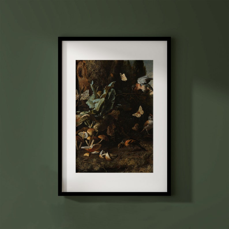 May include: A painting of a forest scene with a variety of mushrooms, butterflies, and birds. The mushrooms are brown and white, and the butterflies are white and orange. The birds are brown and white.