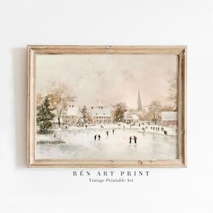 Könnte beinhalten: Ein Vintage-Aquarellgemälde, das eine verschneite Dorfszene mit Menschen zeigt, die auf einem zugefrorenen Teich Schlittschuh laufen. Das Gemälde zeigt im Hintergrund einen Kirchturm und mehrere Häuser mit schneebedeckten Dächern.