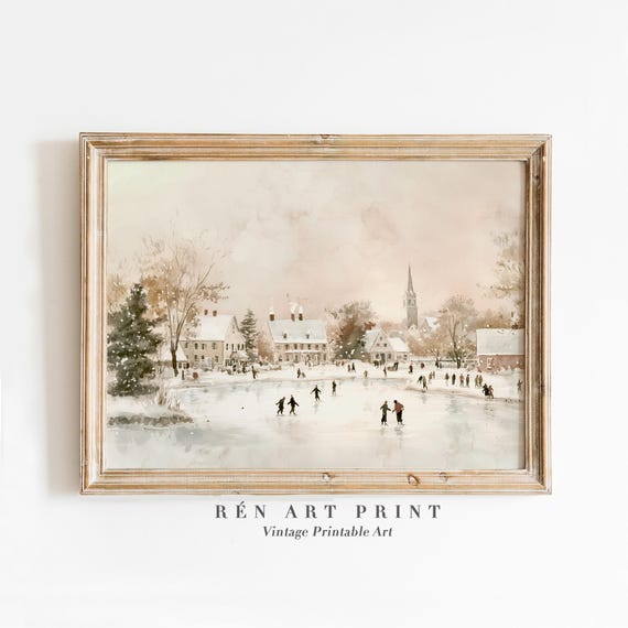 Vintage Winter Wall Art | Neutral Christmas Printable Art | Ice Skating Print | Winter Cityscape Painting | Antique Holiday Decoration