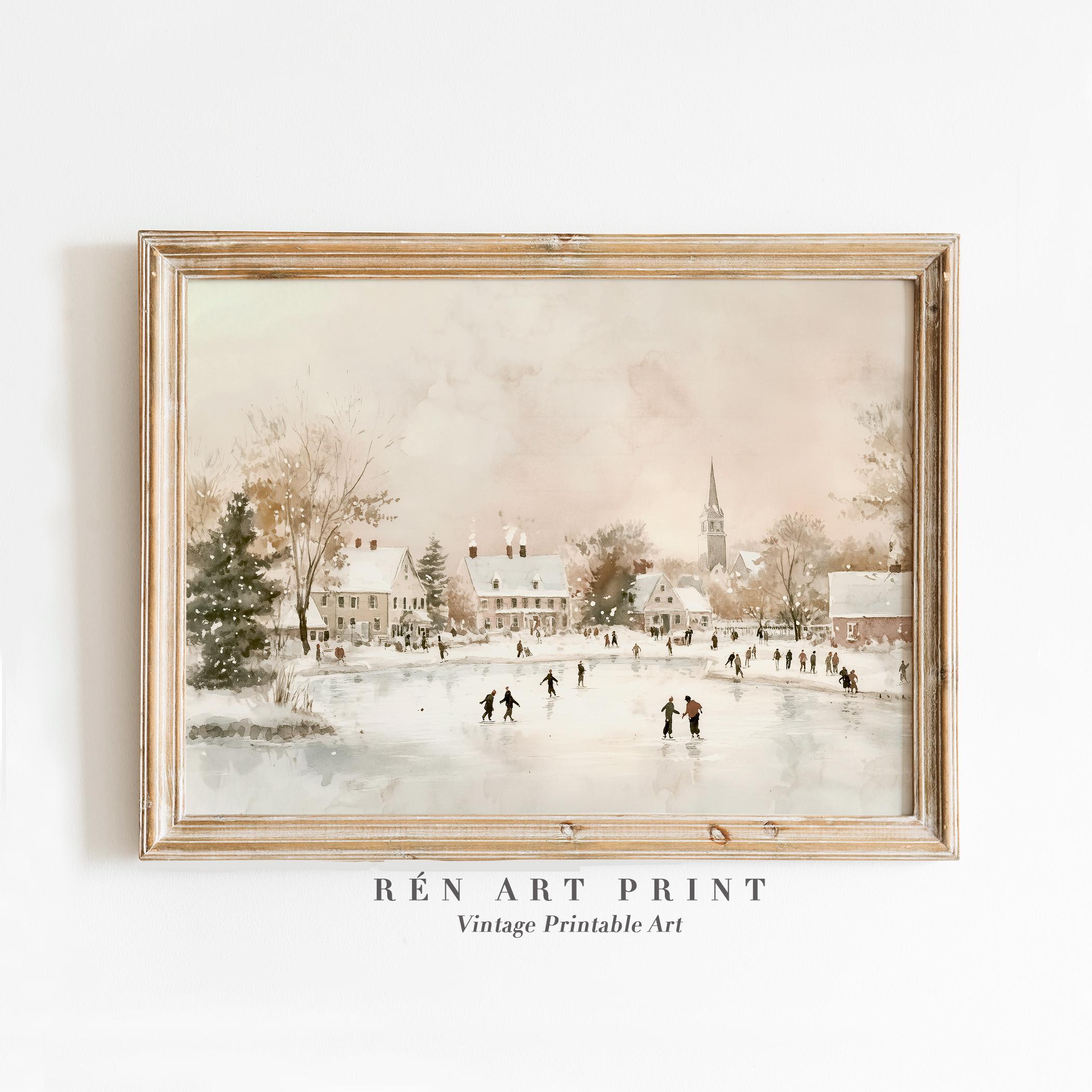 Vintage Winter Wall Art | Neutral Christmas Printable Art | Ice Skating Print | Winter Cityscape Painting | Antique Holiday Decoration
